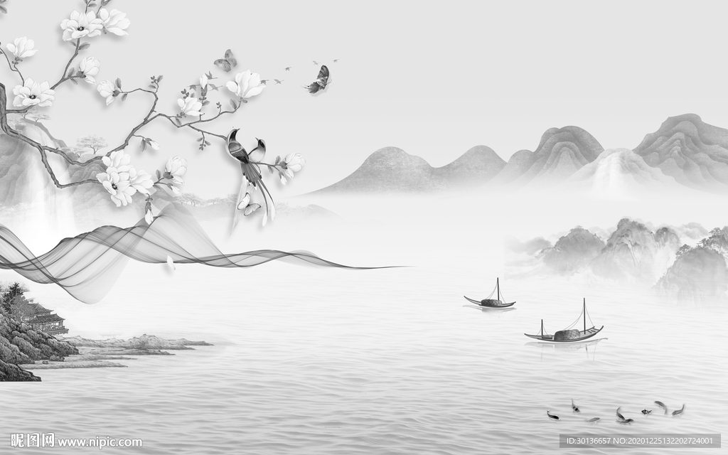 花鸟灰色别墅山水 TIF分层