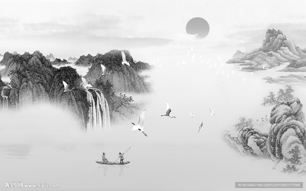 国画灰色别墅山水 TIF分层