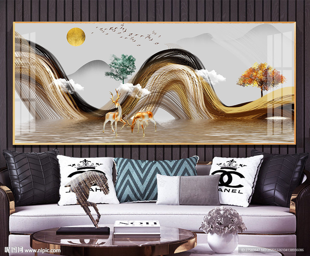 新中式抽象山水水墨麋鹿线条装饰
