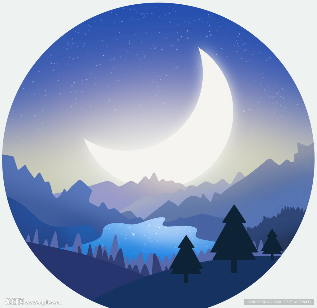 夜月山丘扁平风插画