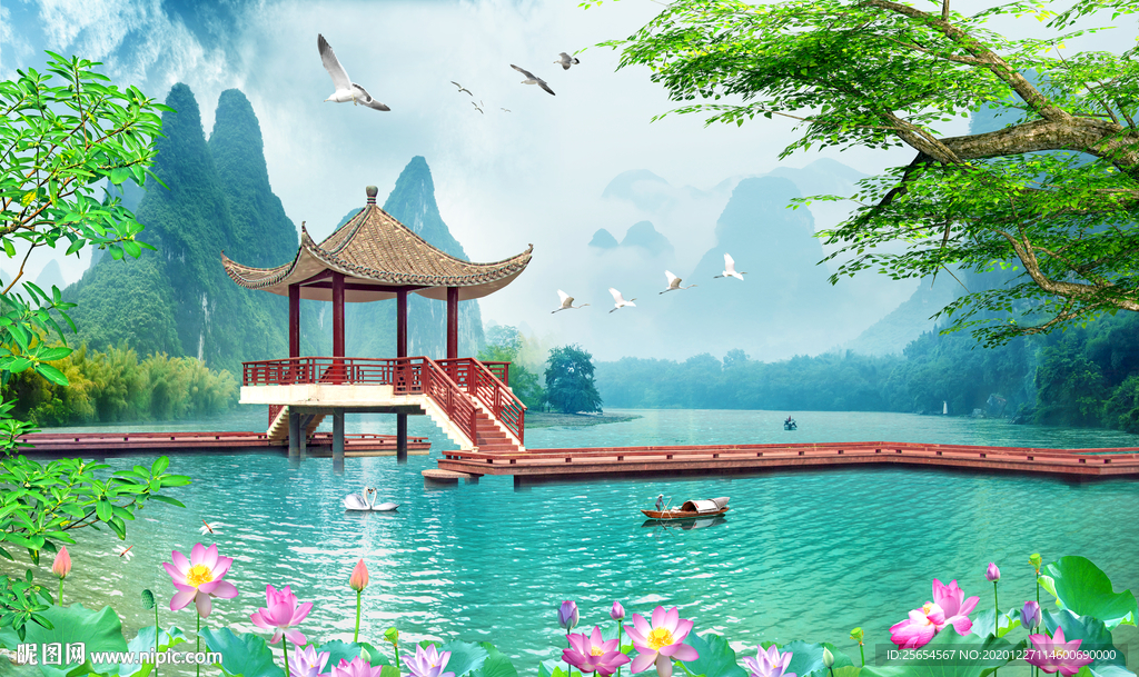 山清水秀流水生财风景画背景