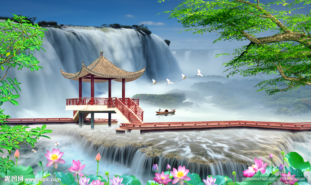 山清水秀流水生财风景画