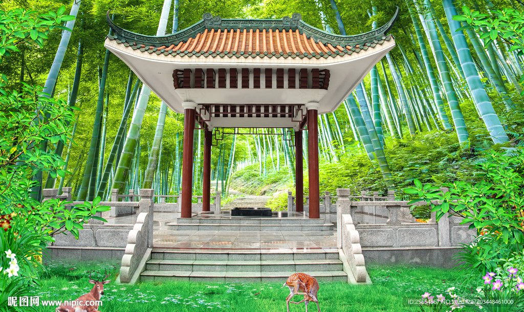 现代风绿色竹林风景画电视背景墙