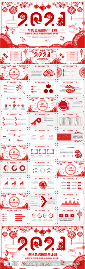 剪纸牛年2021年终总结PPT