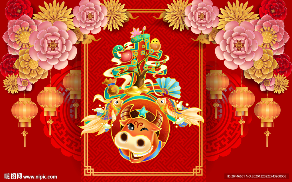 中国红民俗新中式喜庆字画年画