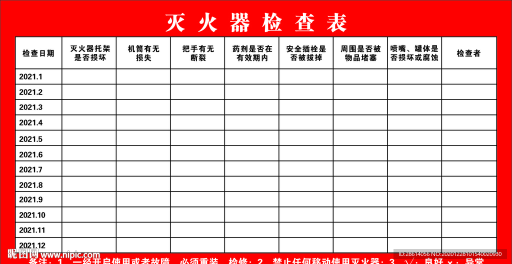 红色灭火器检查表