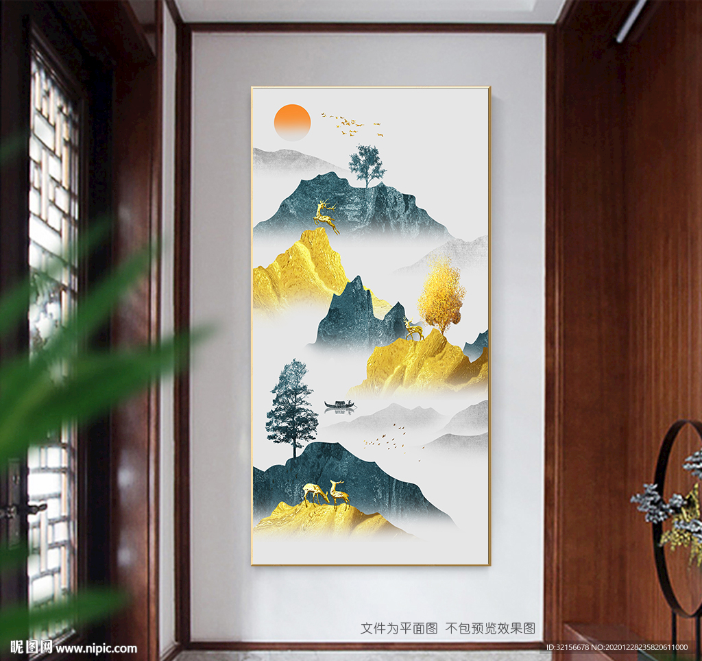 麋鹿发财树玄关装饰画