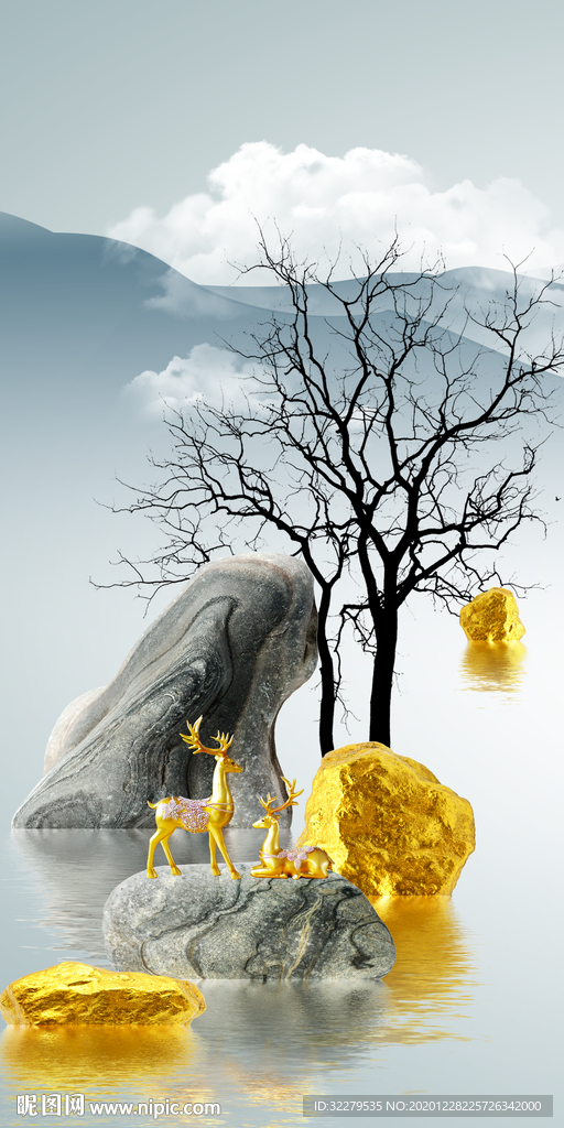 麋鹿意境新玄关画 文件分层画