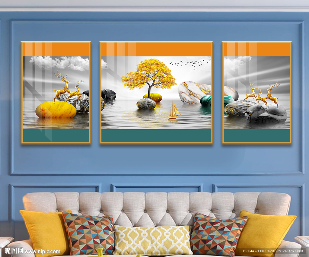 轻奢发财树石来运转麋鹿装饰画