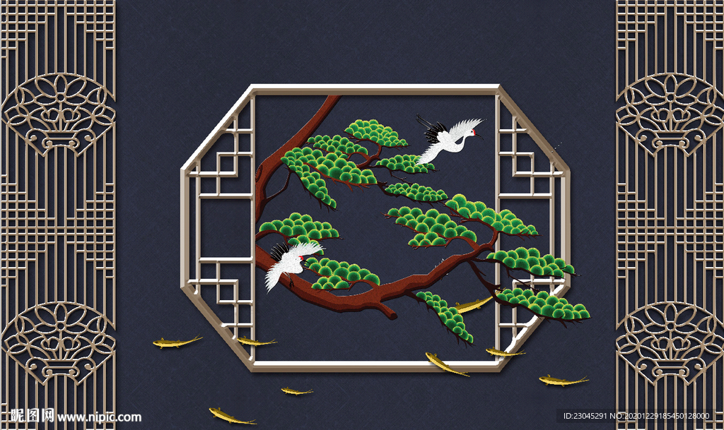 迎客松仙鹤延年电视背景墙