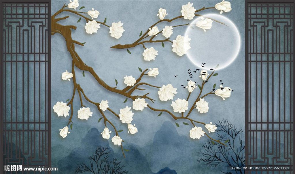 月亮兰花新中式背景墙