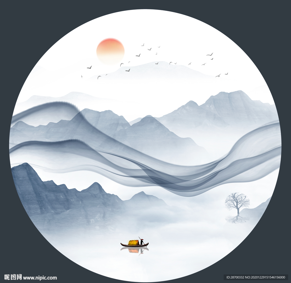 圆形水墨山水画