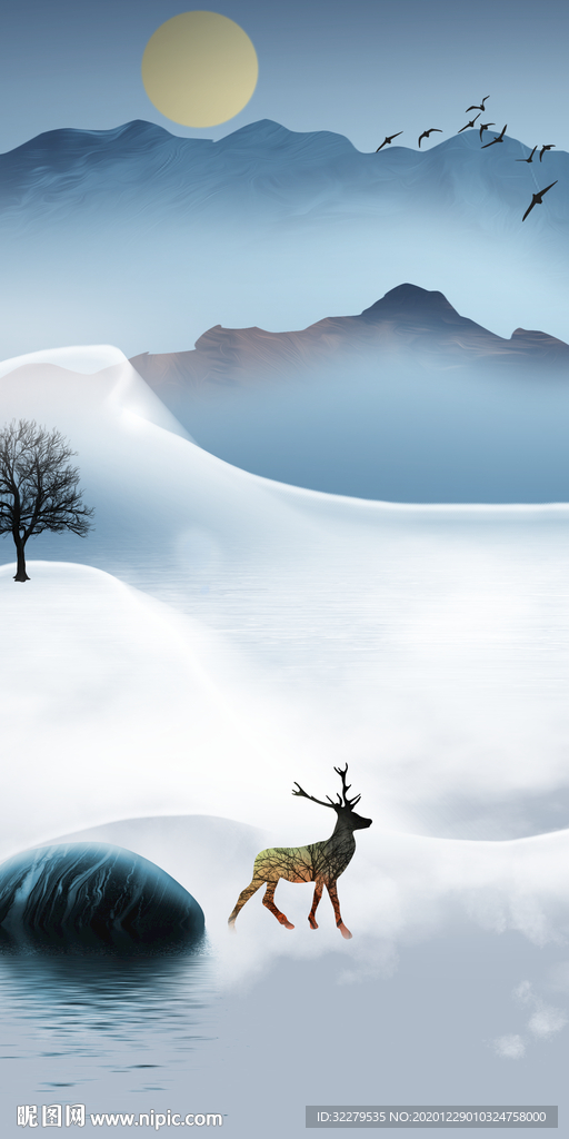 麋鹿 高档玄关画 文件分层画