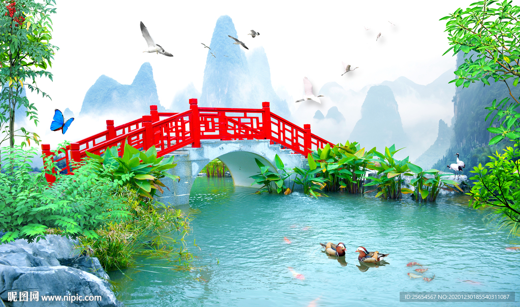 山涧风景画小桥流水背景墙