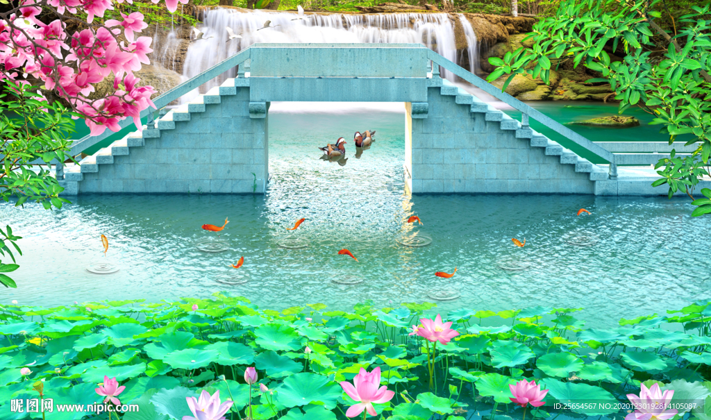 山涧风景画小桥流水背景墙