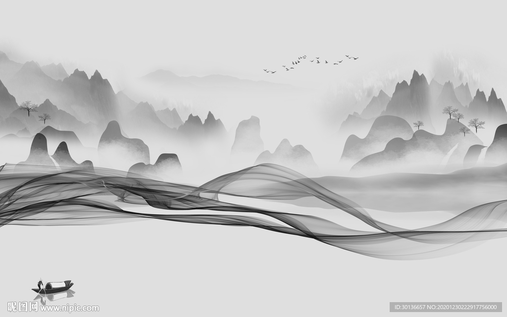 高档中式灰色山水 TIF分层