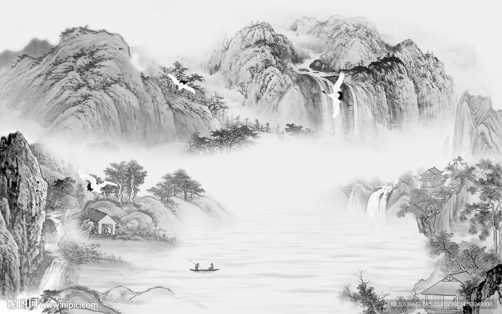 简约中式灰色山水 TIF分层