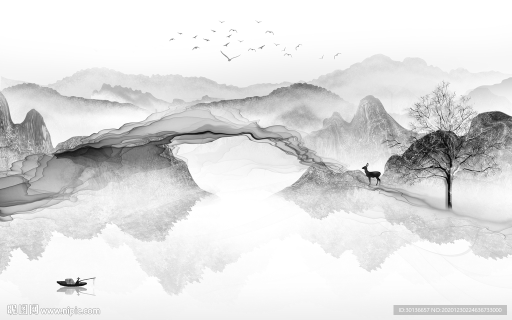 意境中式灰色山水 TIF分层