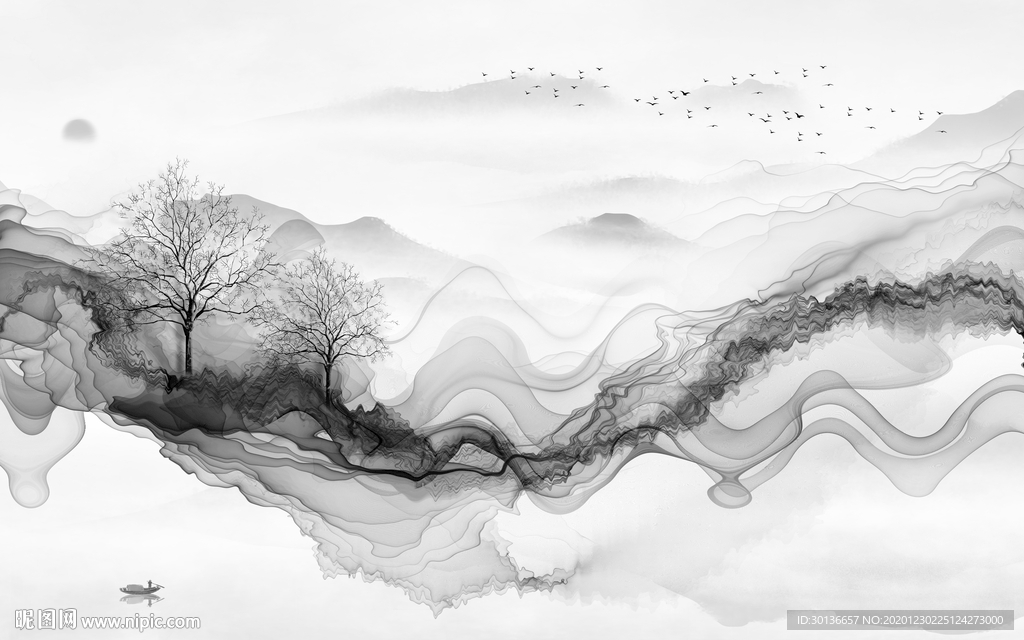 线条中式灰色山水 TIF分层