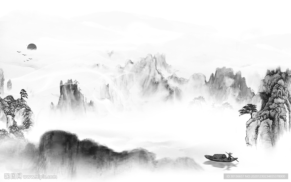 高清灰色中式山水 TIF分层