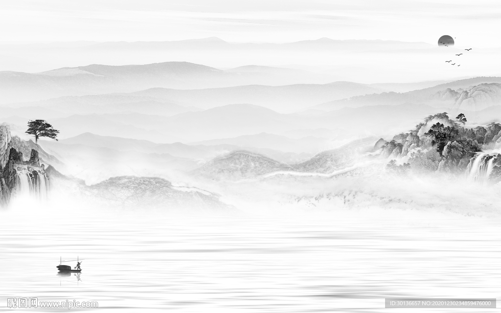 高档灰色中式山水 TIF分层