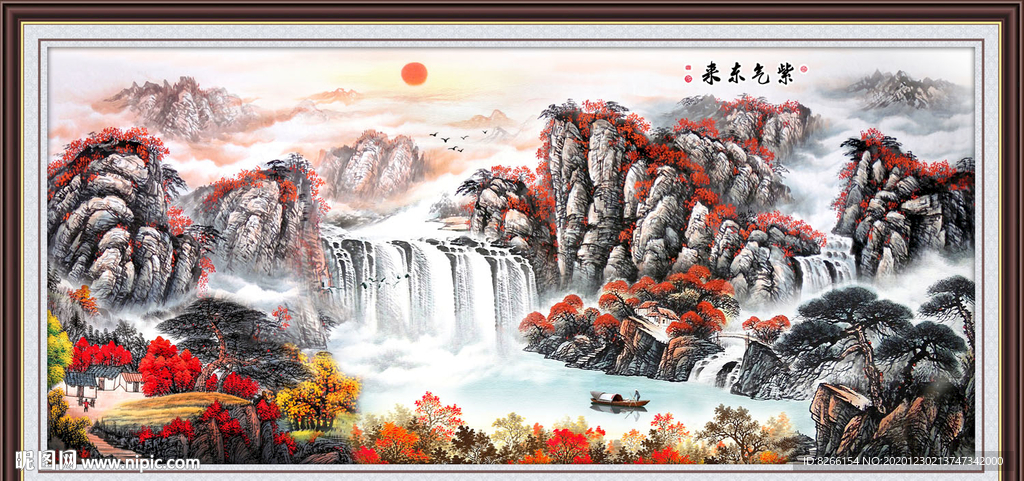 紫气东来国画山水电视背景墙