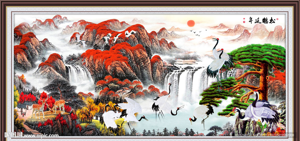 松鹤延年国画松鹤延年图背景墙画