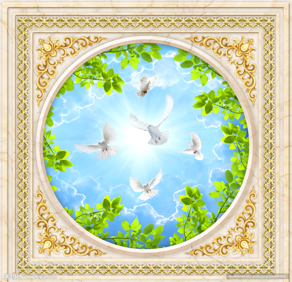 金属花纹天空椰树天顶壁画