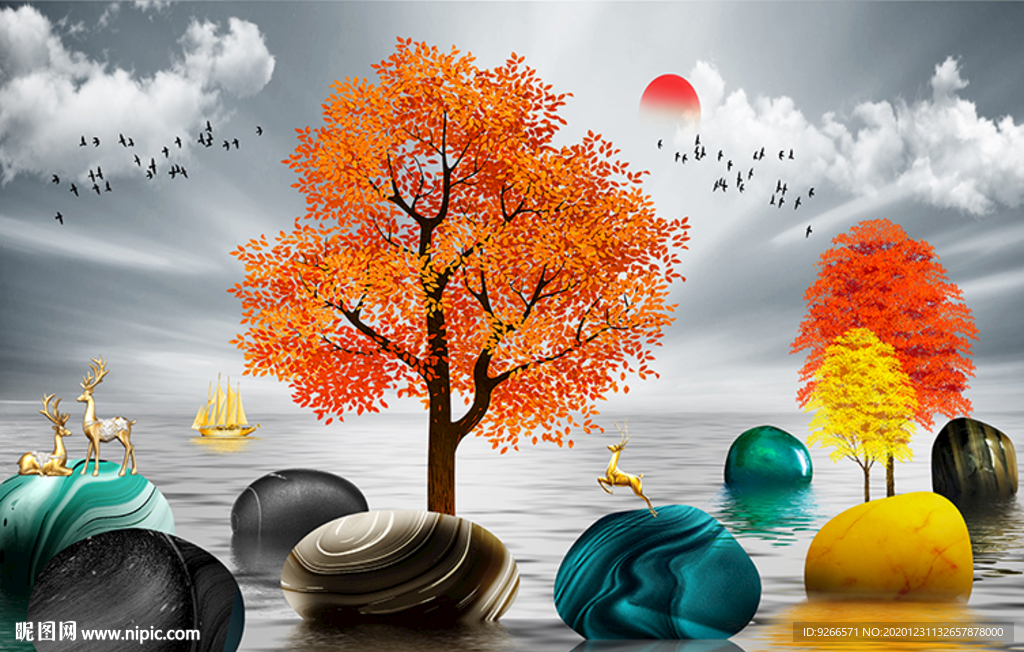 电表箱石来运转麋鹿山水装饰画