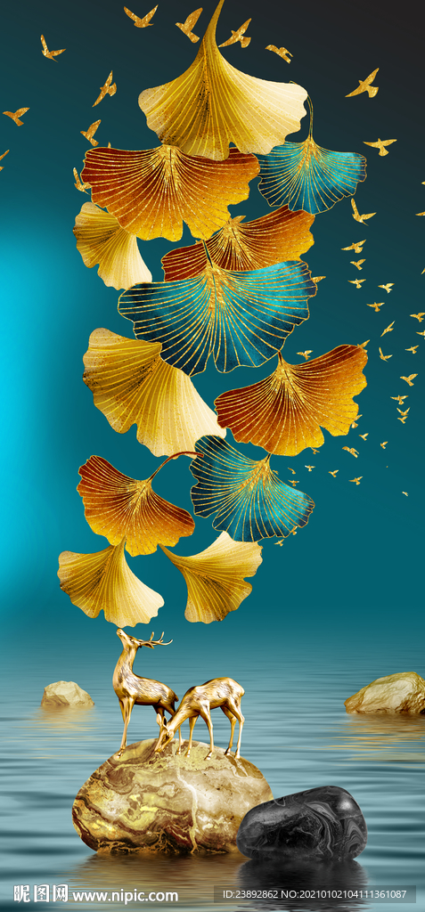 装饰画 鹿 银杏叶