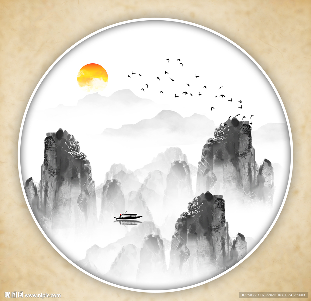圆形山水画禅意山水意境山水