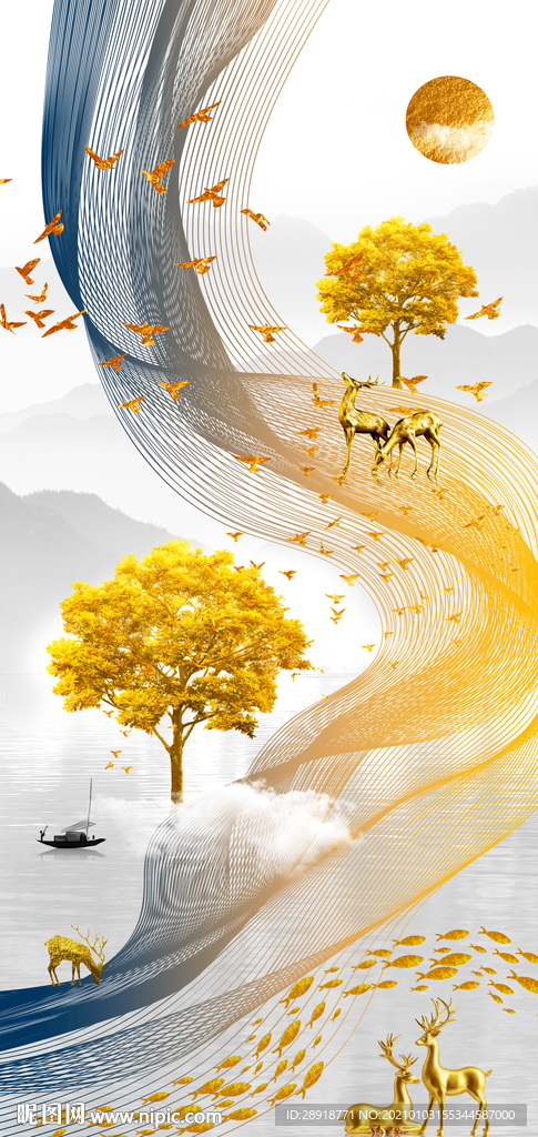 新中式轻奢抽象线条麋鹿装饰画