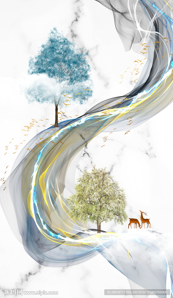 新中式轻奢线条麋鹿玄关装饰画