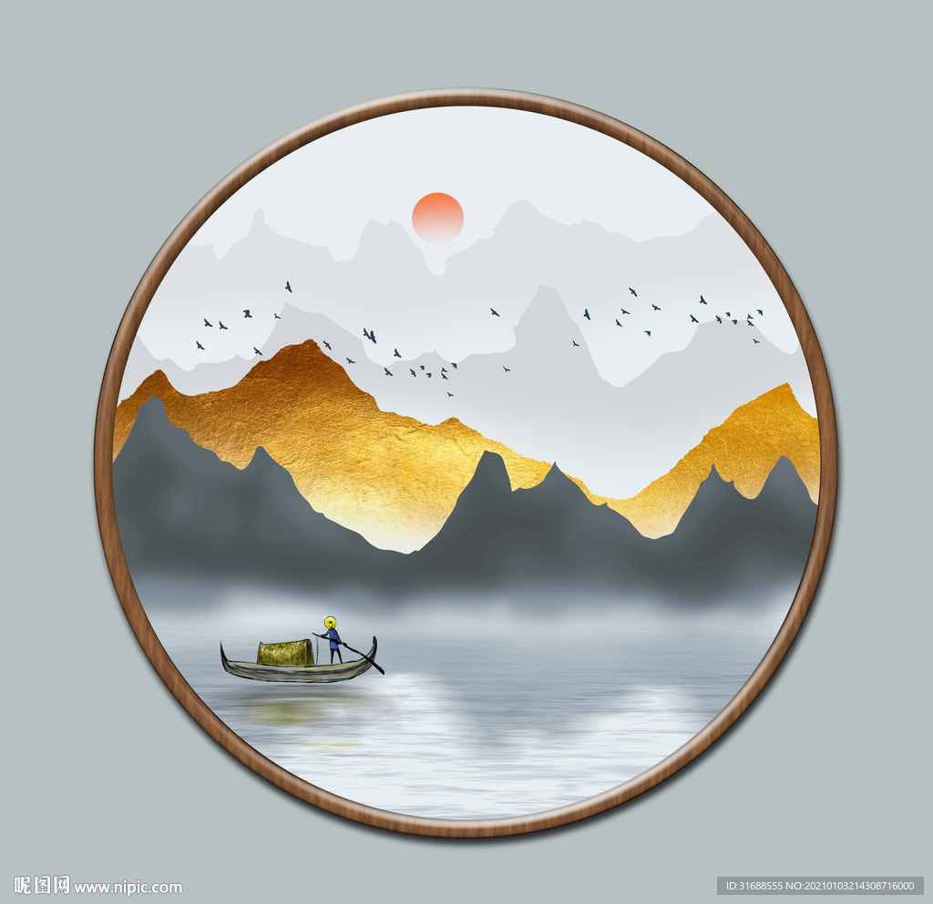 新中式圆形山水画