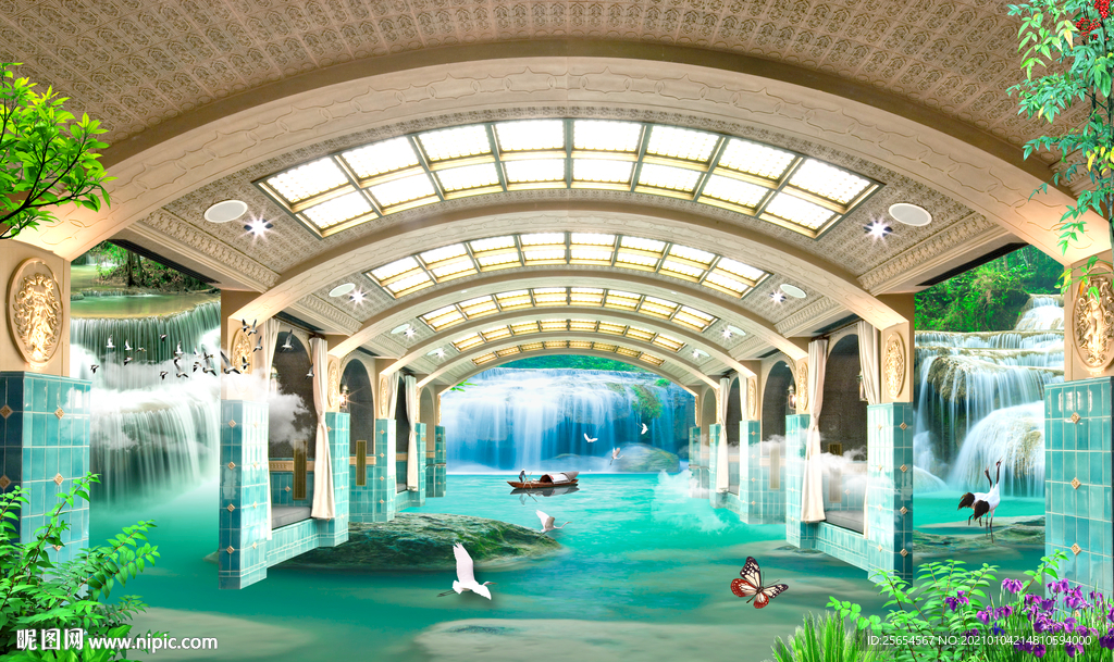 流水生财瀑布3D风景画