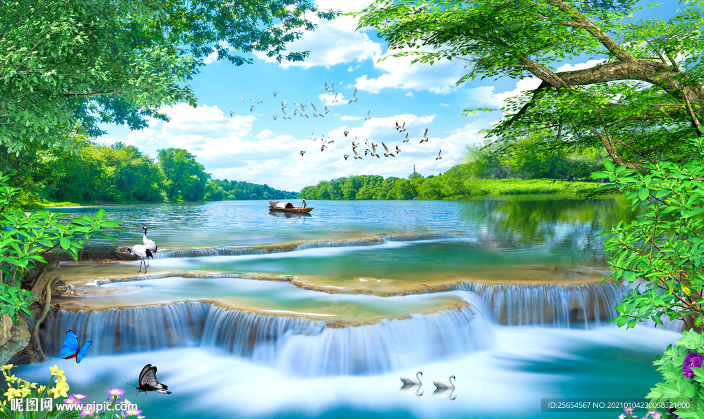 中式流水生财山水画背景墙