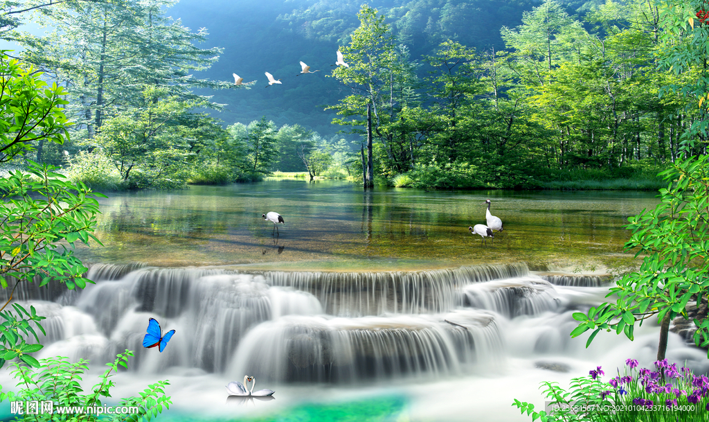 流水生财山水风景画背景墙