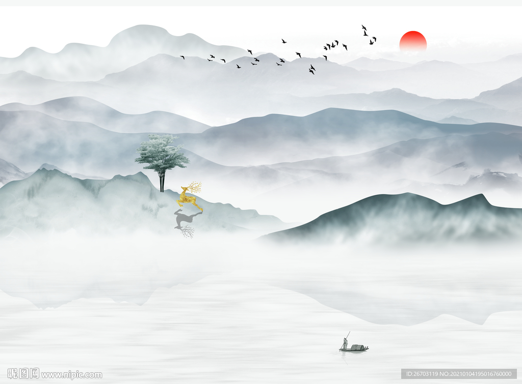 现代水墨山水意境抽象电视背景墙