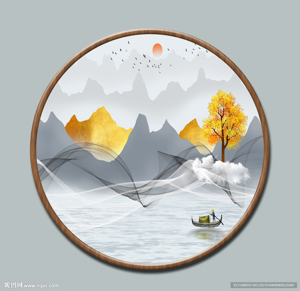 新中式圆形山水画