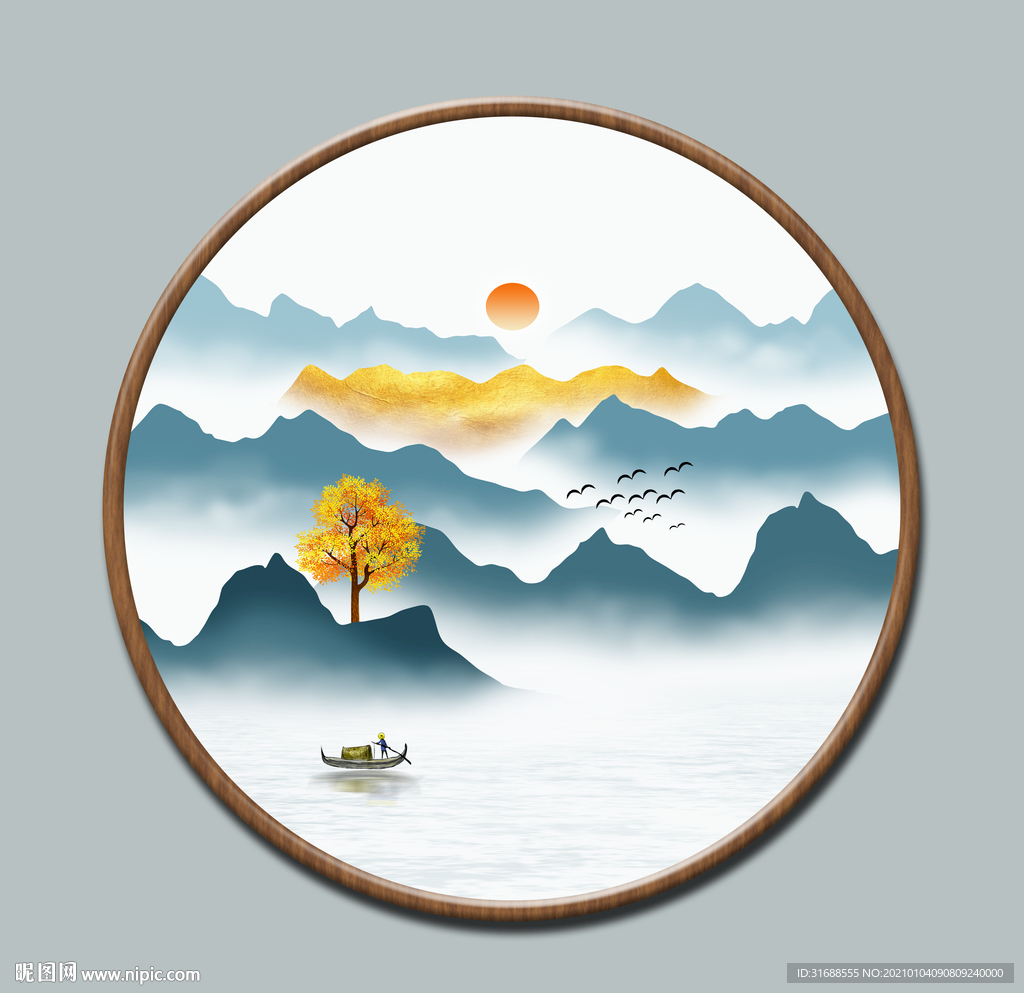 新中式圆形山水画