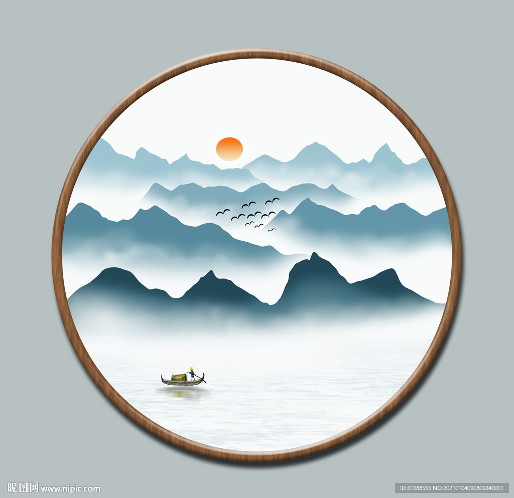 新中式圆形山水画