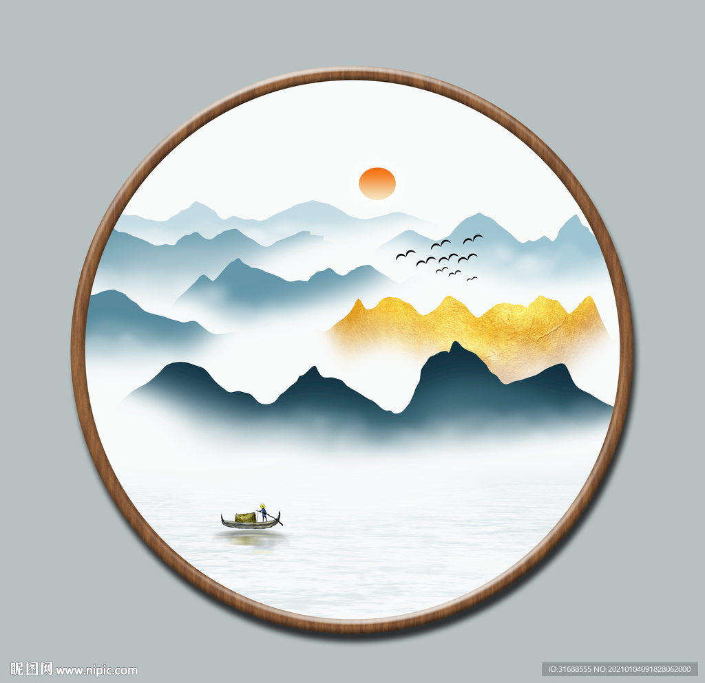 新中式圆形山水画