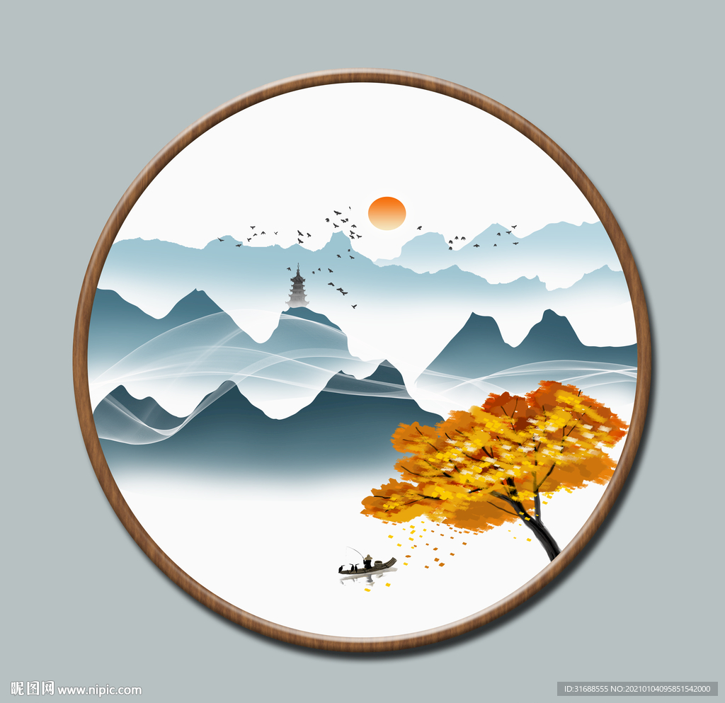 新中式圆形山水画