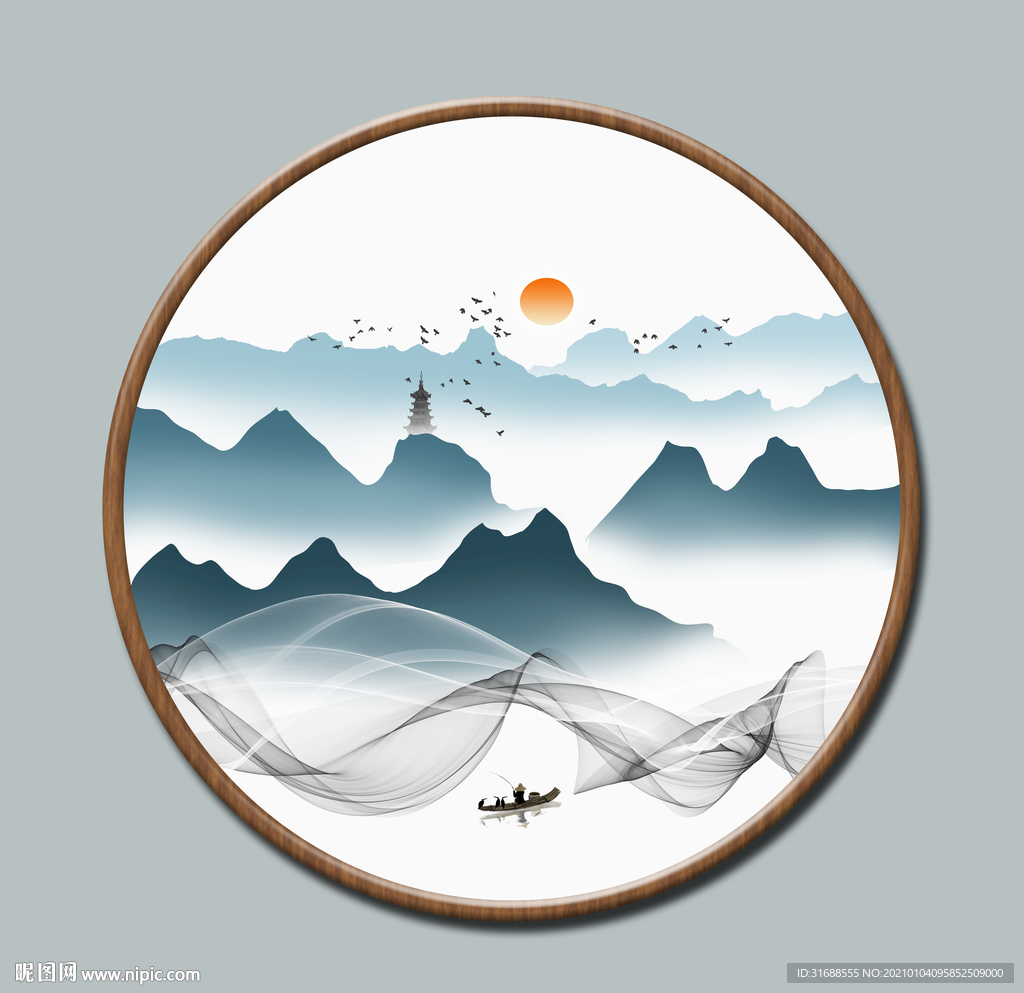 新中式圆形山水画