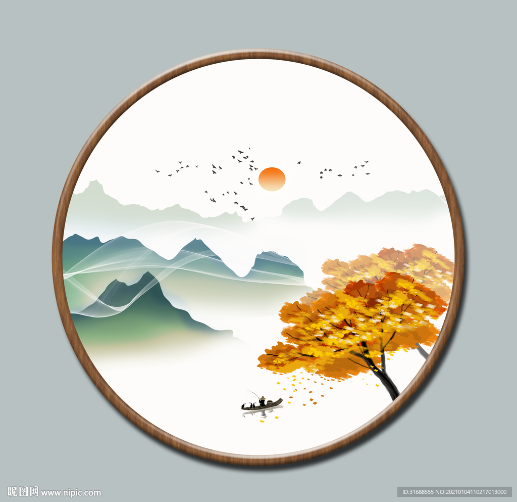 新中式圆形山水画