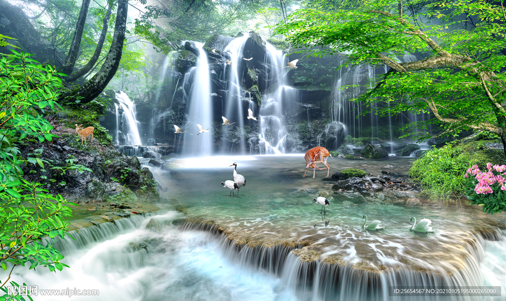 瀑布流水生财风景背景