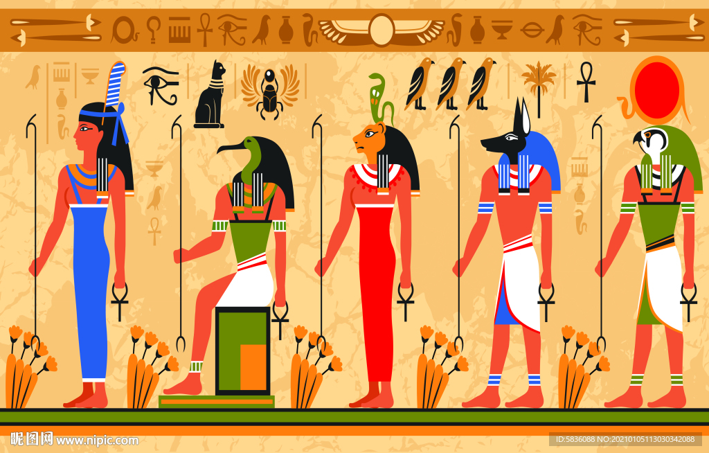 人身兽头象形图案壁画装饰图