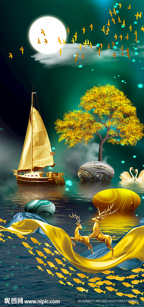 石来运转麋鹿玄关晶瓷画装饰画