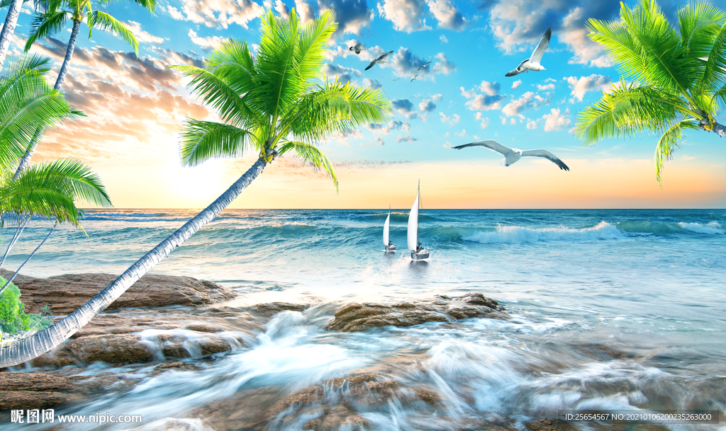 风景图夏日海滩背景墙