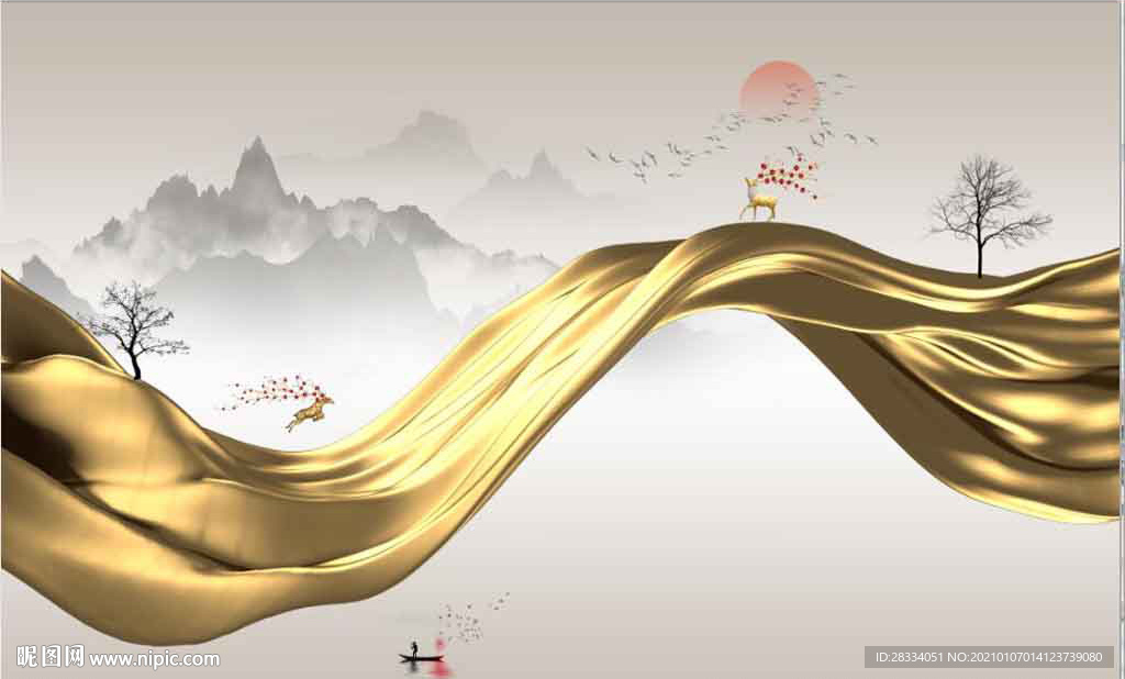 新中式抽象金色水墨山水背景墙